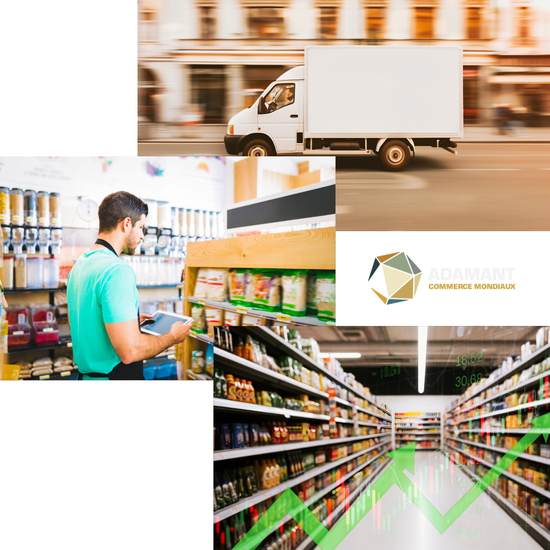 Adamant Commerces Mondiaux - Ensemble de photos représentant nos services de soutien à l'approvisionnement, logistique et marketing